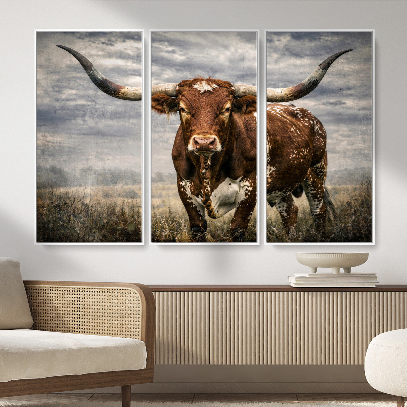 14372769-MGV-CV-36X24 - Texas Longhorn Canvas Wall Art Western Bull Desert Moody Grey Overcast Rustic Farmhouse Framed Large for Living Room Bedroom Office Decor