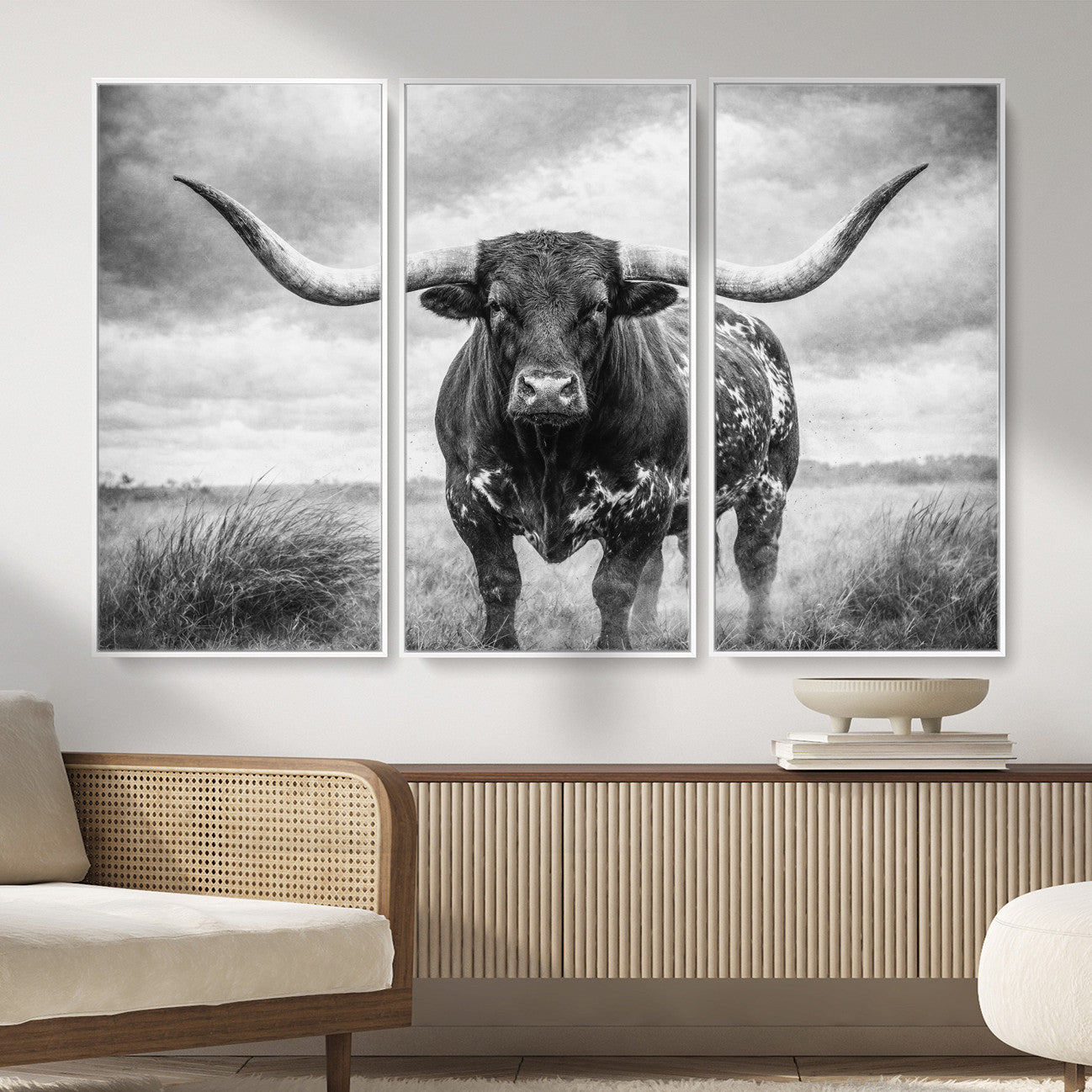 19951238-MGV-CV-36X24 - Texas Longhorn Canvas Wall Art Western Bull Desert Moody Grey Overcast Rustic Farmhouse Framed Large for Living Room Bedroom Office Decor