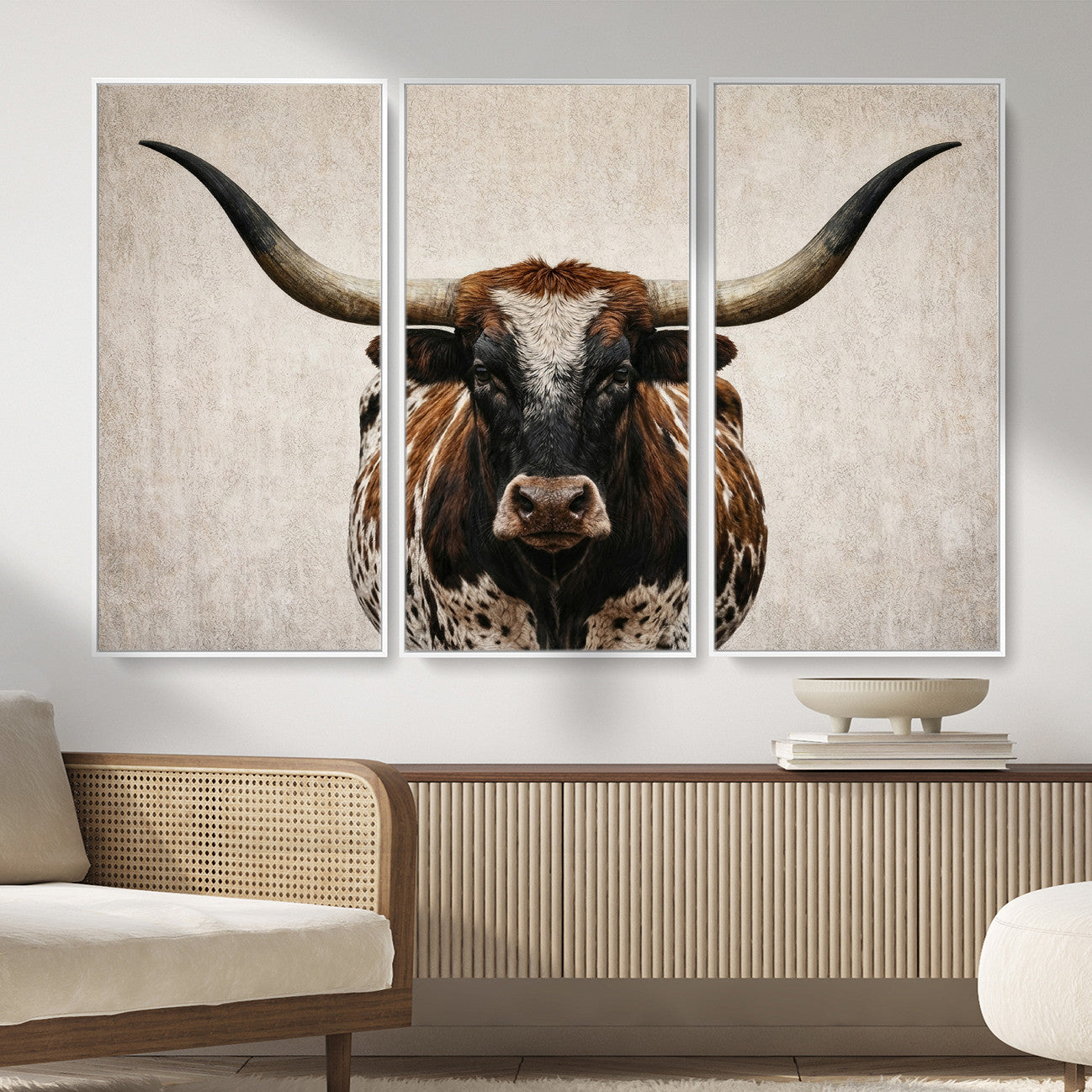 58622065-MGV-CV-36X24 - Texas Longhorn Canvas Wall Art Western Bull Desert Moody Grey Overcast Rustic Farmhouse Framed Large for Living Room Bedroom Office Decor