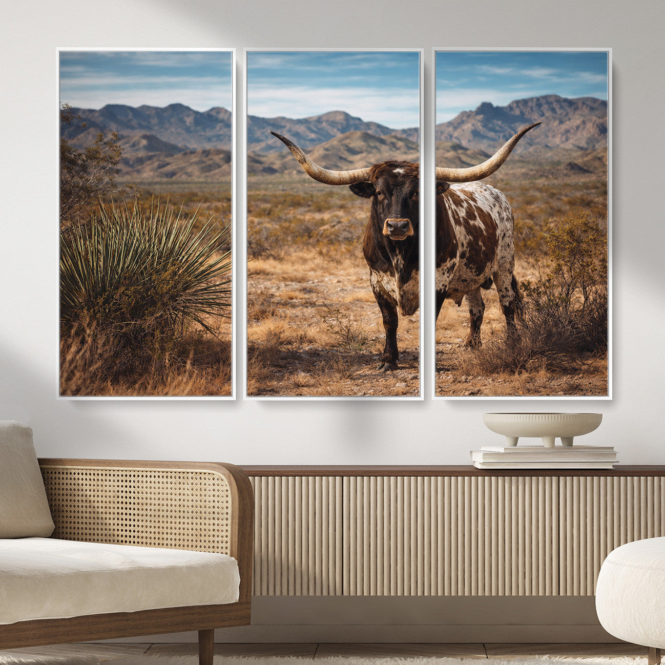 26448918-MGV-CV-36X24 - Texas Longhorn Canvas Wall Art Western Bull Desert Moody Grey Overcast Rustic Farmhouse Framed Large for Living Room Bedroom Office Decor