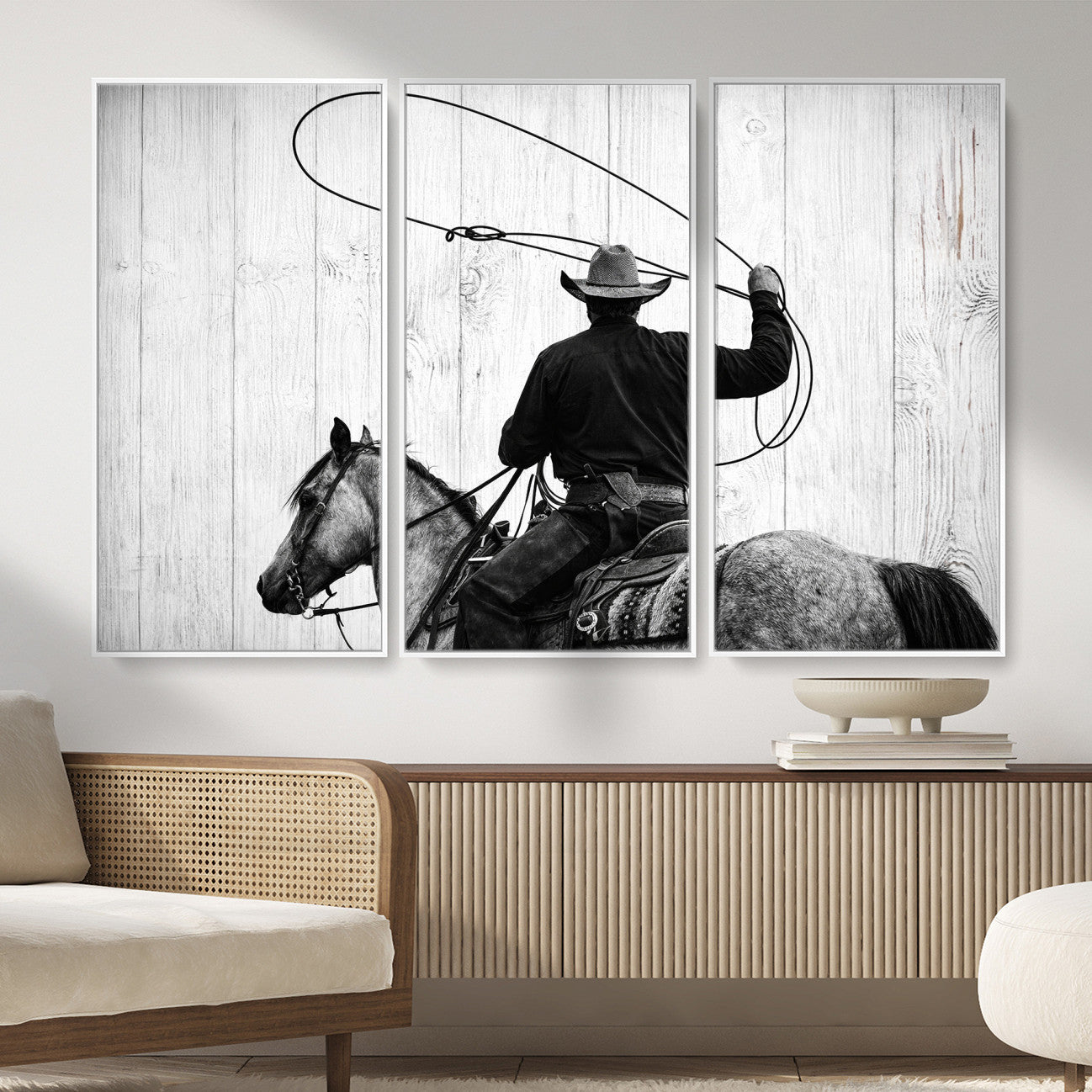 22569358-MGV-CV-36X24 - Cowboy Lasso Canvas Wall Art, Black White Western Horse Photo Print, Rustic Ranch Rodeo Decor, Farmhouse Western Art, Cowboy Gift for Him
