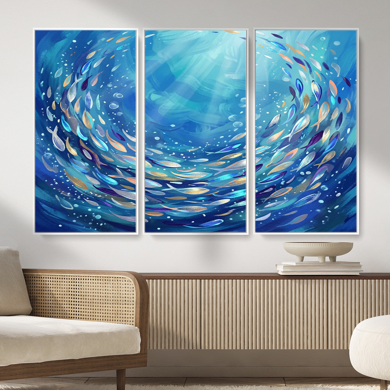 78699899-MGV-CV-36X24 - School of Fish Canvas Print | Blue Ocean Underwater Wall Art | Swirling Fish Shoal Illustration | Marine Navy Coastal Decor