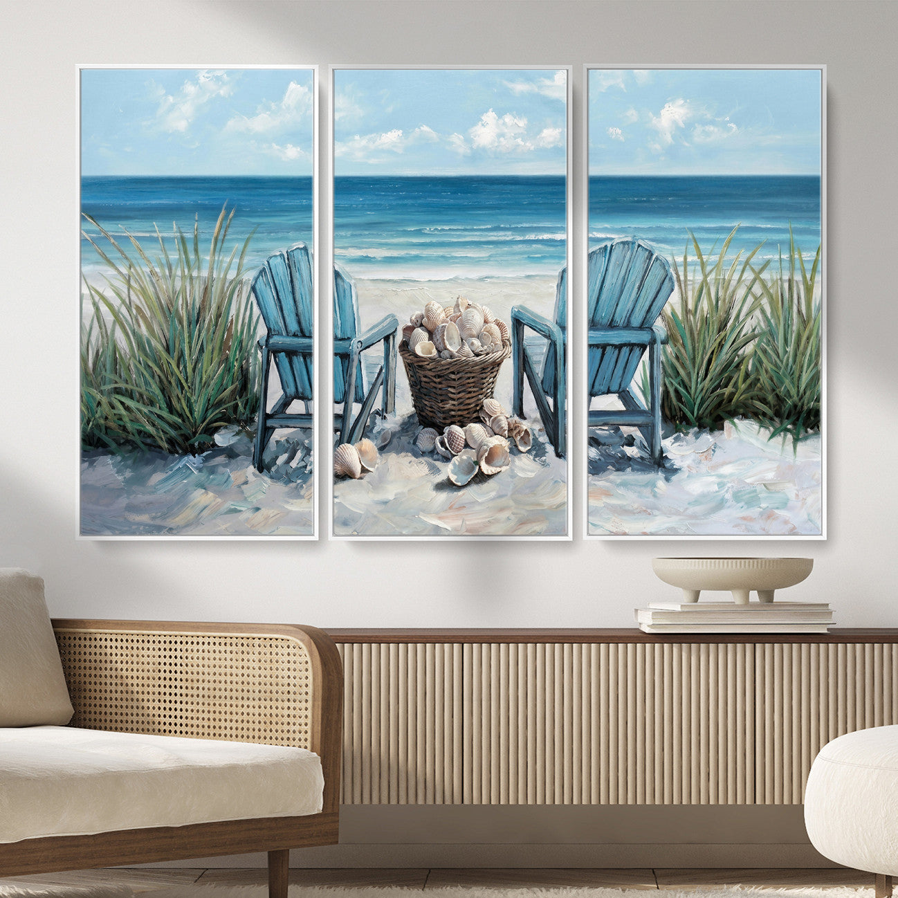 11973028-MGV-CV-36X24 - Beach Canvas Wall Art Coastal Adirondack Chairs Ocean Seashells Blue Nautical Framed Large for Living Room Bedroom Bathroom Decor
