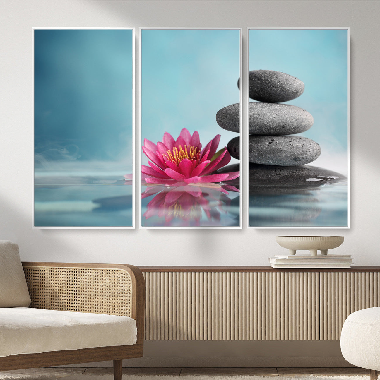 84293154-MGV-CV-36X24 - Zen Canvas Wall Art Lotus Flower Stacked Stones Teal Spa Meditation Relaxation Framed Large for Bathroom Bedroom Living Room Office Decor
