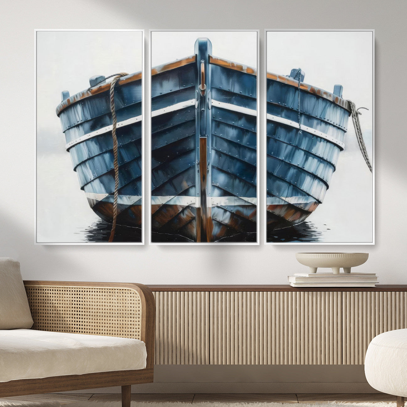 21601740-MGV-CV-36X24 - Blue Wooden Rowboat Canvas Wall Art, Coastal Nautical Boat Painting Print for Lake Beach House Decor, Minimalist Maritime Decor Artwork