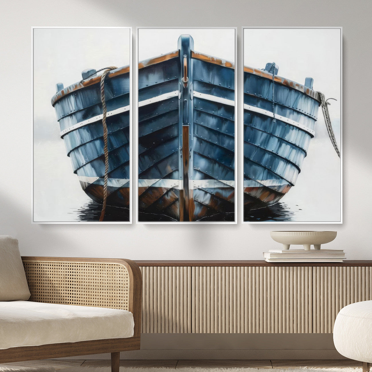 21601740-MGV-CV-36X24 - Blue Wooden Rowboat Canvas Wall Art, Coastal Nautical Boat Painting Print for Lake Beach House Decor, Minimalist Maritime Decor Artwork