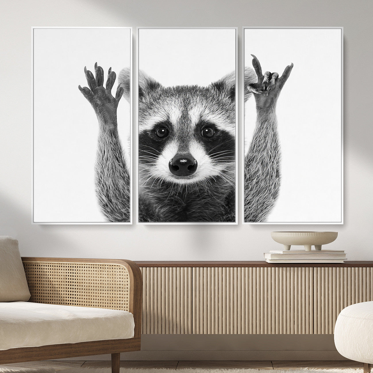 82392228-MGV-CV-36X24 - Funny Raccoon Canvas Wall Art, Black White Hands Up Animal Photo Print, Humorous Wildlife Decor, Kids Room Nursery Art, Quirky Animal Gift
