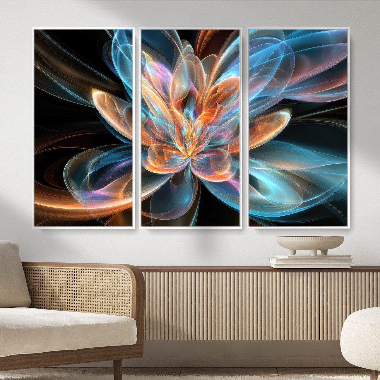 91902283-MGV-CV-36X24 - Fractal Lotus Canvas Wall Art, Blue Orange Glowing Flower Abstract Print, Modern Zen Meditation Room Decor, Ethereal Digital Art, Living Room