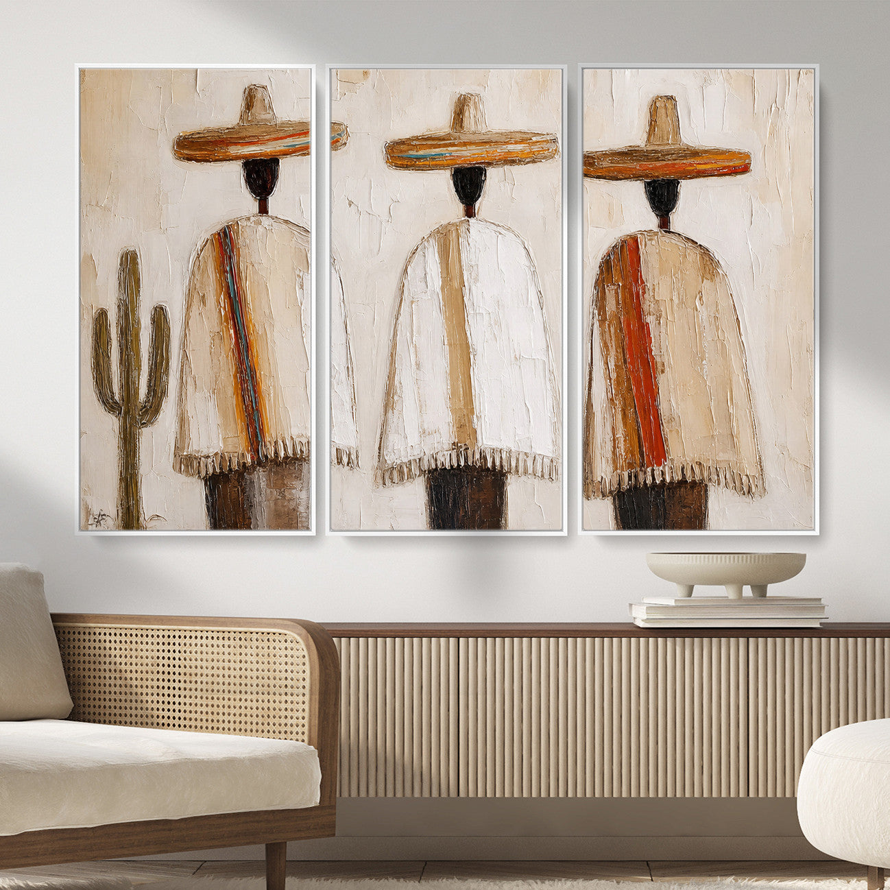 72884785-MGV-CV-36X24 - Mexican Folk Art Canvas Wall Art, Southwestern Sombrero Poncho Painting, Neutral Earthy Boho Decor, Fiesta Living Room Art, Impasto Style Print