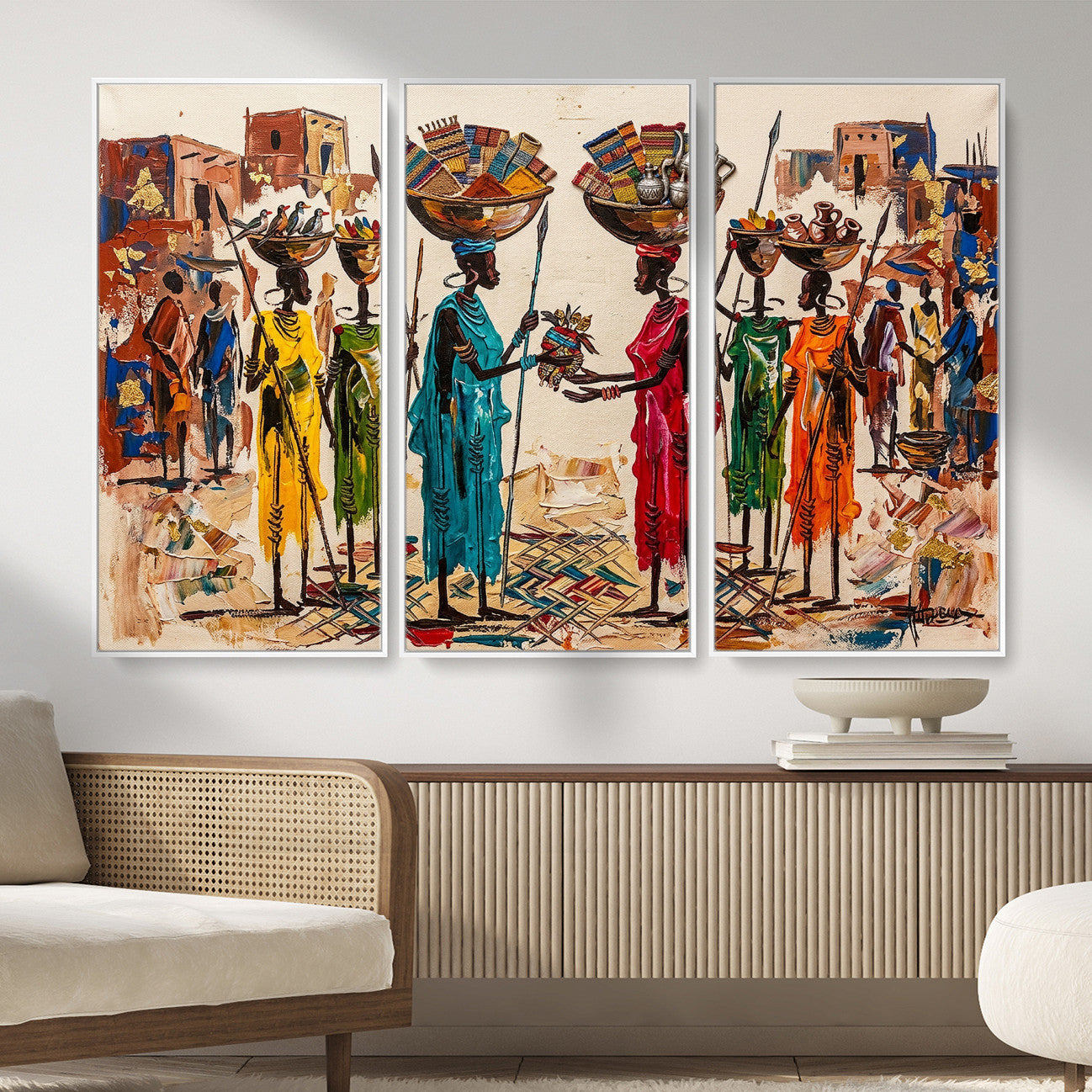54818657-MGV-CV-36X24 - African Folk Art Canvas Wall Art, Colorful African Women Village Painting Print, Tribal Ethnic Home Decor, Vibrant African Art, Living Room