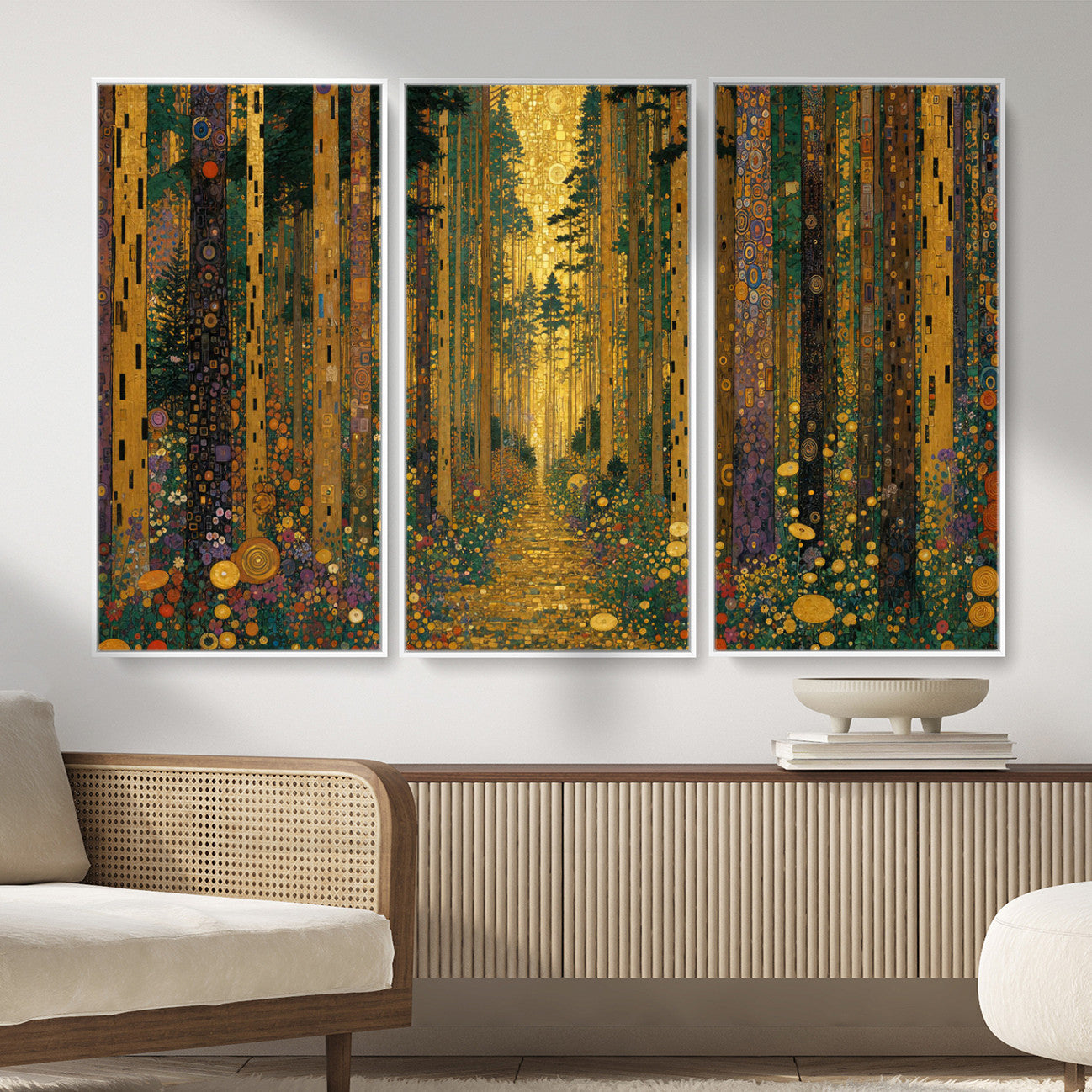 79483321G-MGV-CV-48X32-3P - Gustav Klimt Style Forest Canvas Wall Art, Golden Forest Path Floral Art Nouveau Print, Enchanted Woodland Decor