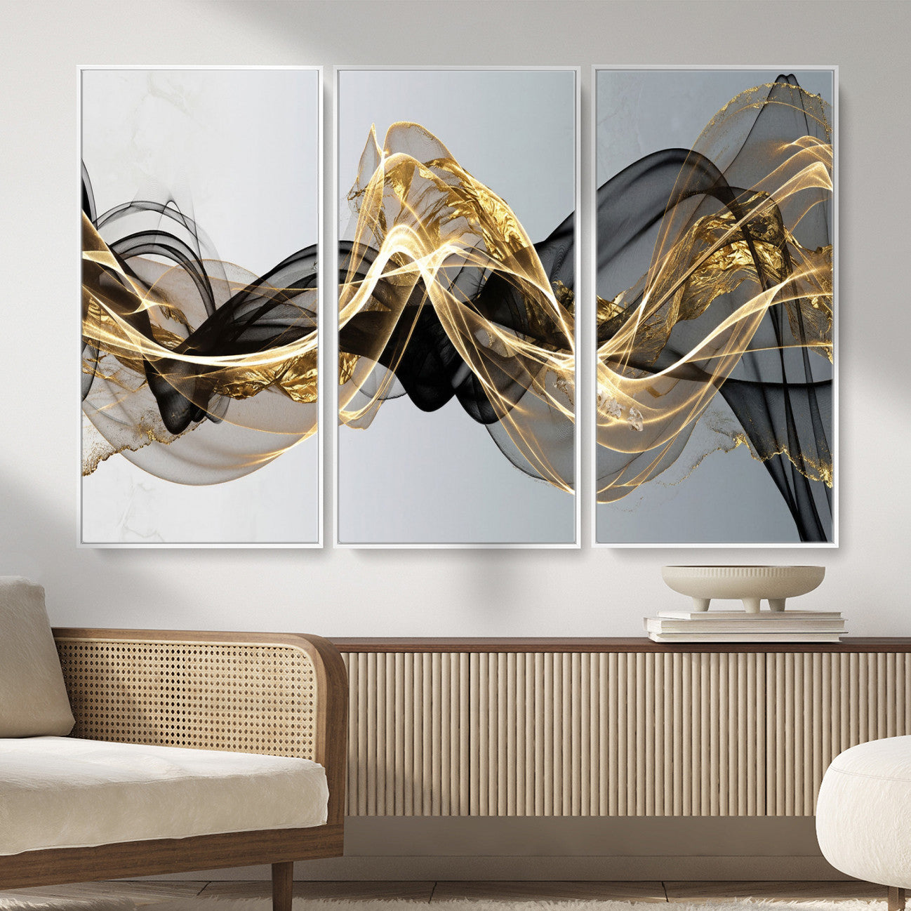 79483321DL-MGV-CV-36X24 - Black and Gold Abstract Wall Art, Modern Wave Canvas Print, Elegant Flowing Smoke Art, Luxury Living Room Decor