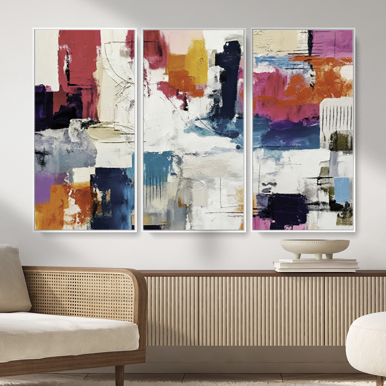 57864023-MGV-CV-36X24 - Blue Teal Abstract Canvas Wall Art, Modern Textured Painting Print, Navy Orange White Contemporary Art, Neutral Living Room Decor, Office Art