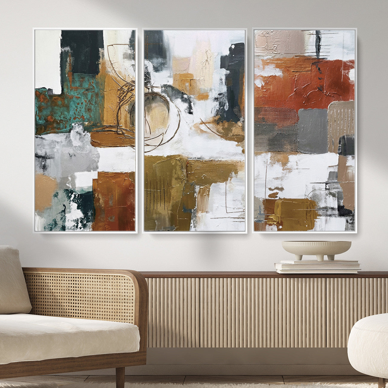 50720312-MGV-CV-36X24 - Blue Teal Abstract Canvas Wall Art, Modern Textured Painting Print, Navy Orange White Contemporary Art, Neutral Living Room Decor, Office Art