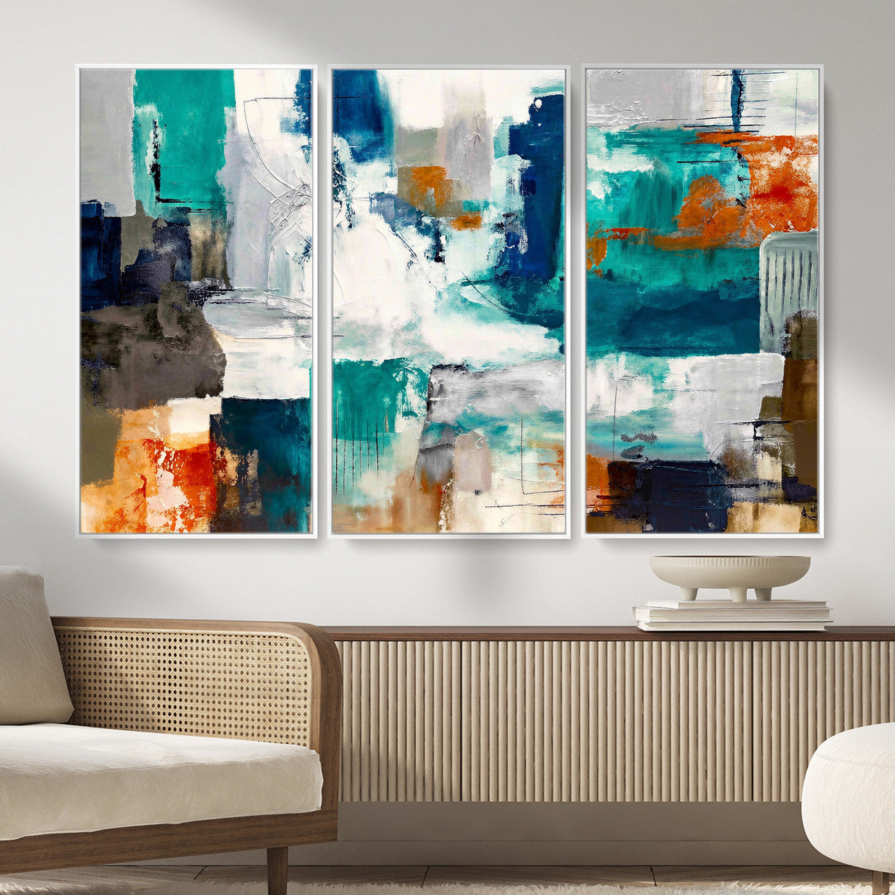 44038089-MGV-CV-36X24 - Blue Teal Abstract Canvas Wall Art, Modern Textured Painting Print, Navy Orange White Contemporary Art, Neutral Living Room Decor, Office Art