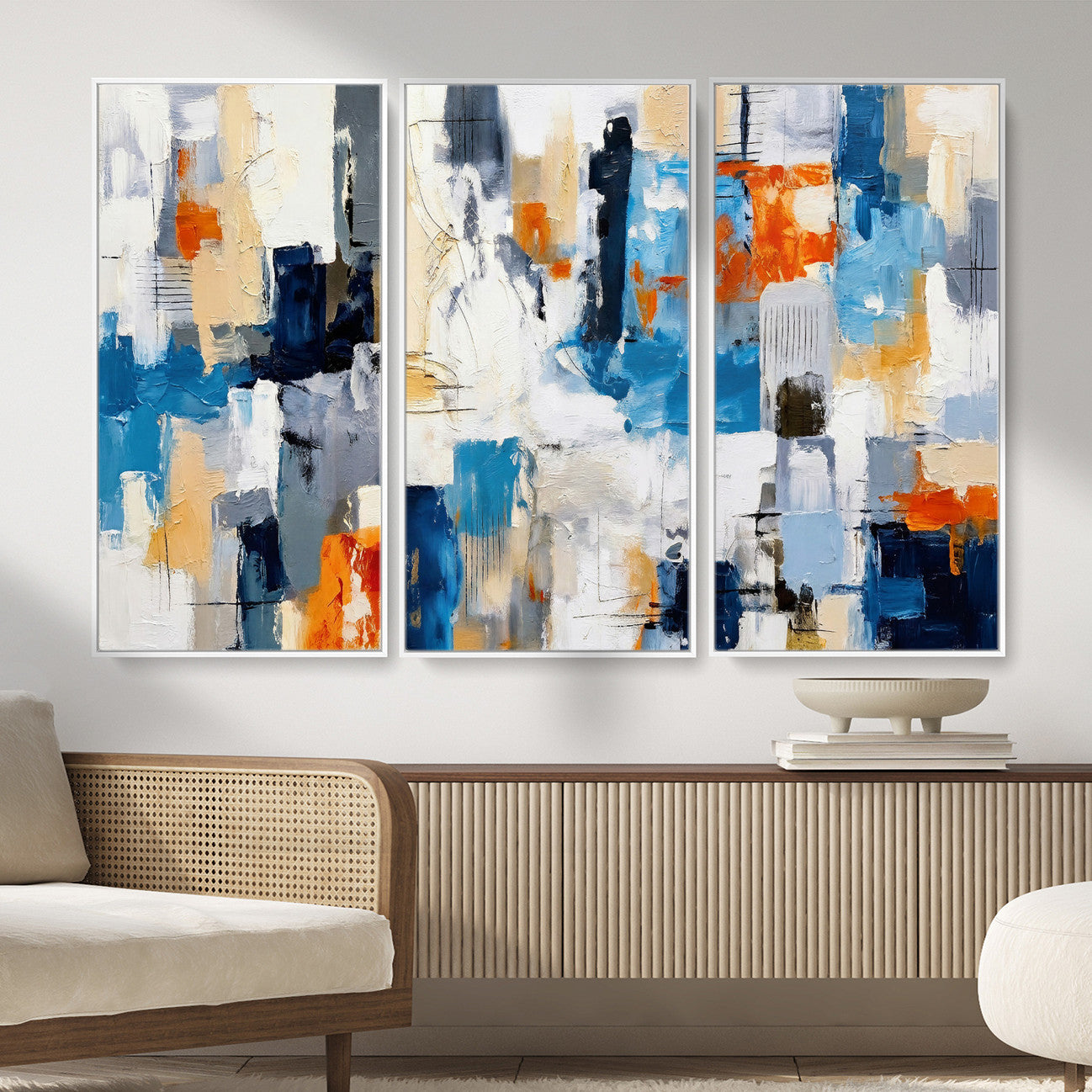 83915061-MGV-CV-36X24 - Blue Teal Abstract Canvas Wall Art, Modern Textured Painting Print, Navy Orange White Contemporary Art, Neutral Living Room Decor, Office Art