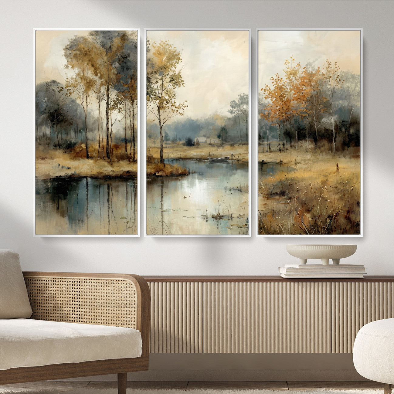 74391095-MGV-CV-36X24 - Abstract WatercolorAutumn Lake Canvas Wall Art Print, Misty Forest Landscape, Rustic Nature Painting, Cabin Wall Decor | Ready to Hang