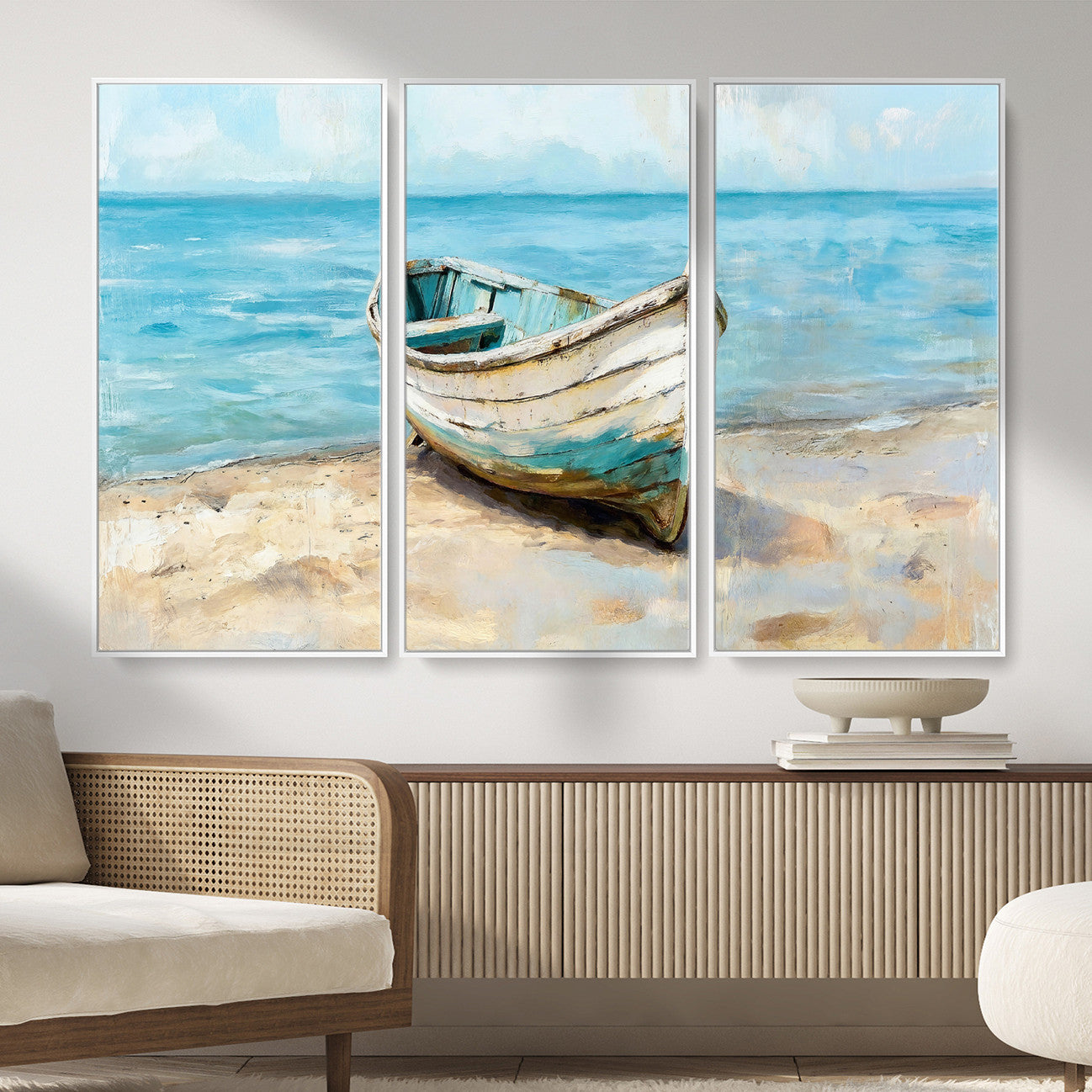 14780565-MGV-CV-36X24 - Coastal Boat Canvas Wall Art Print, Beach Boat Painting, Nautical Ocean Decor, Seascape Wall Art - Ready to Hang