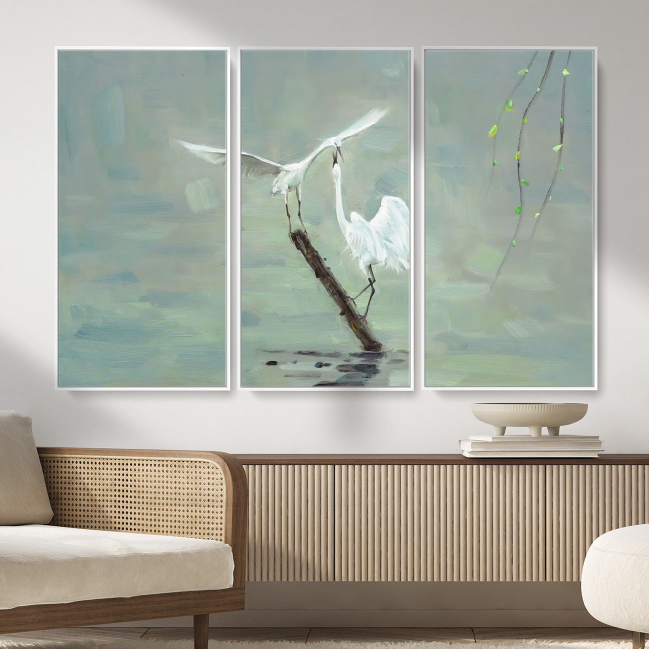 91124838-MGV-CV-36X24 - Two White Egrets on Marsh Branch Wall Art Canvas Print - Vintage Style Coastal Bird Poster