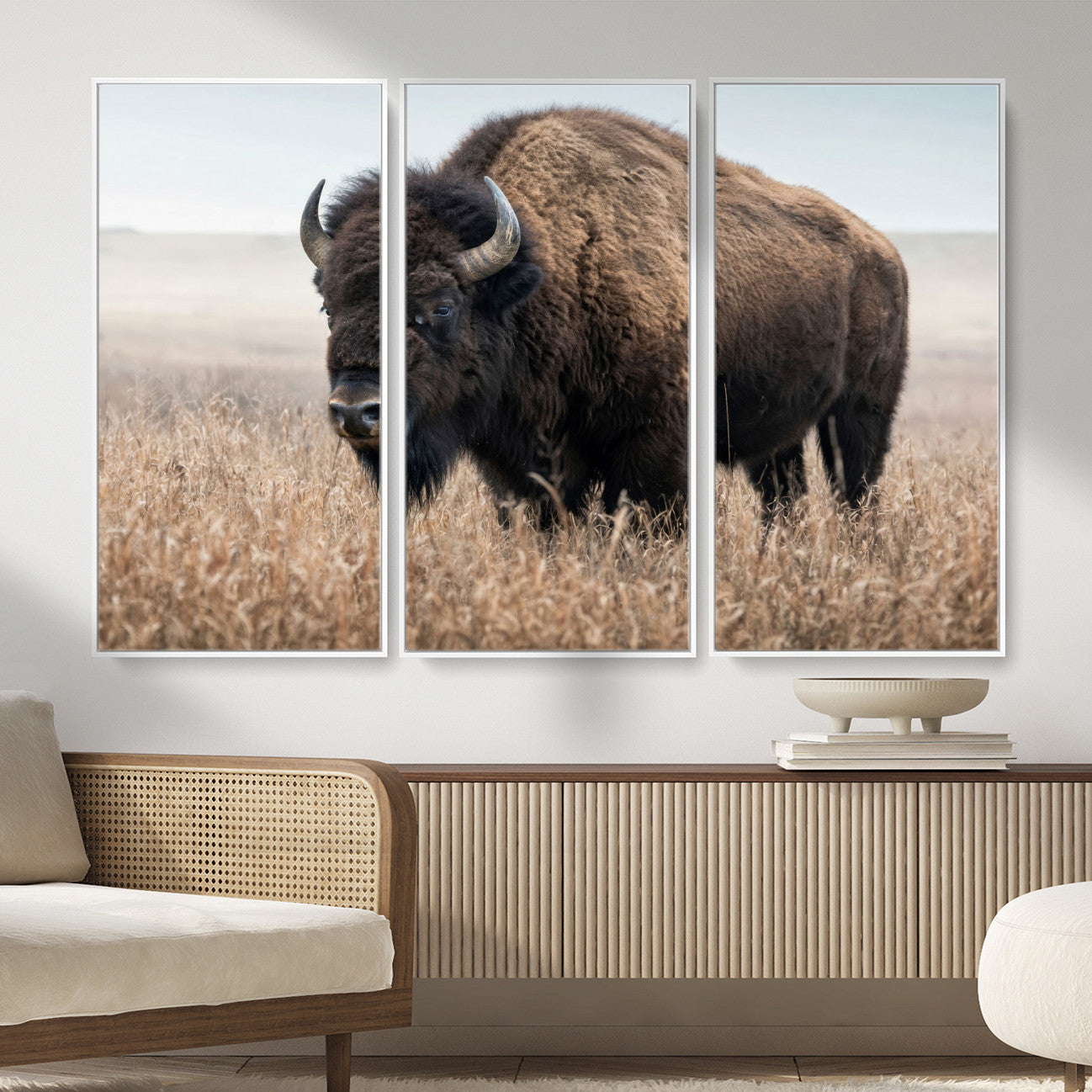 81029583-MGV-CV-36X24 - American Bison in Prairie Field Wall Art Canvas Print - Rustic Wildlife Photography
