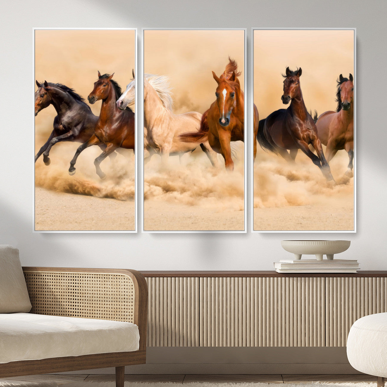 90610949-MGV-CV-36X24 - Herd of Six Wild Horses Galloping in Dust Storm Wall Art Canvas Print - Majestic Wildlife Decor