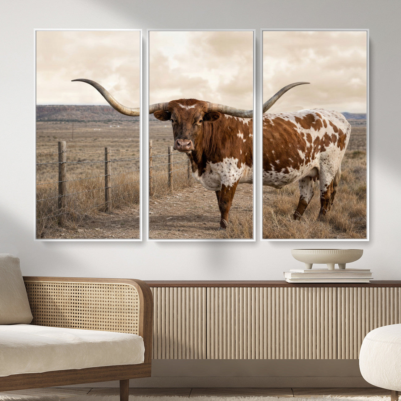 22808364-MGV-CV-36X24 - Texas Longhorn Cattle in Desert Pasture Wall Art Canvas Print - Rustic Western Decor