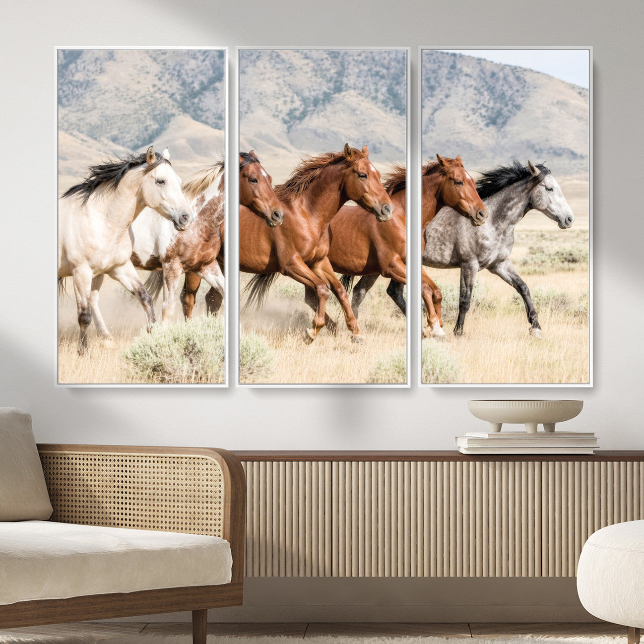 68345893-MGV-CV-36X24 - Five Mustangs Running Wild in Mountain Valley Wall Art Canvas Print - Rustic Western Decor