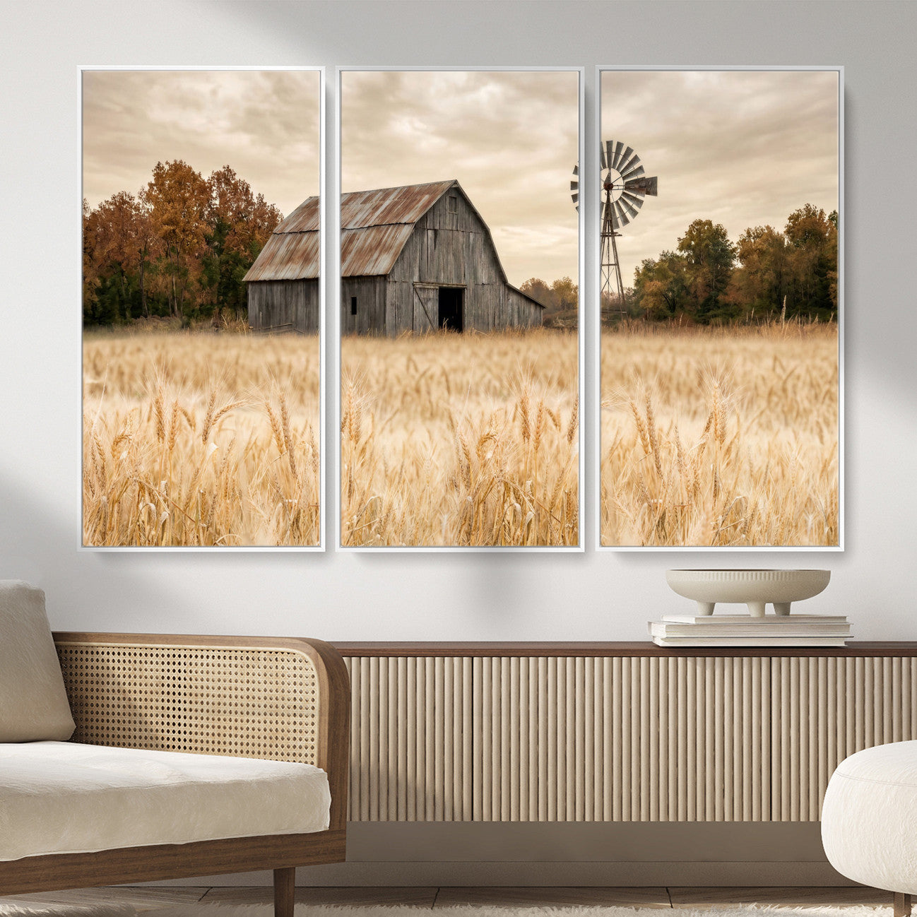 99640659-MGV-CV-36X24 - Rustic Farmhouse Barn and Windmill Wall Art Canvas Print, Country Landscape Photography Print