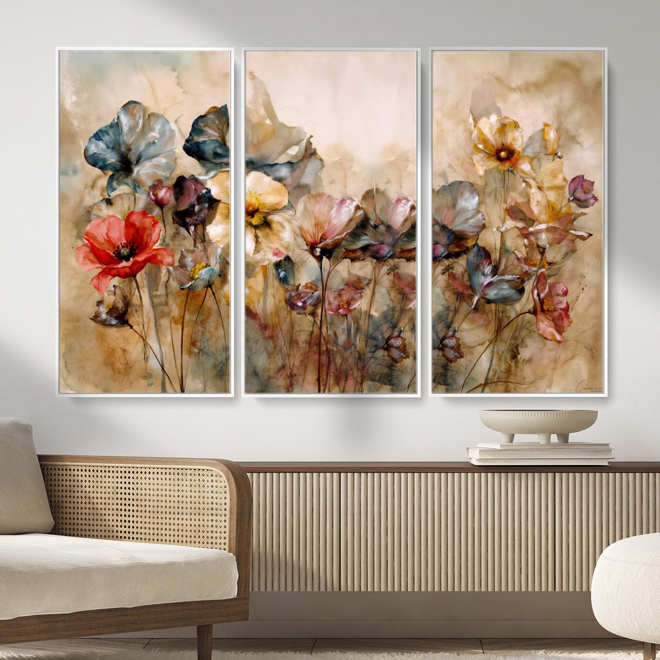 11407233-MGV-CV-36X24 - Vintage Dried Floral Meadow Wall Art Canvas Print, Translucent Watercolor Flowers Painting Print