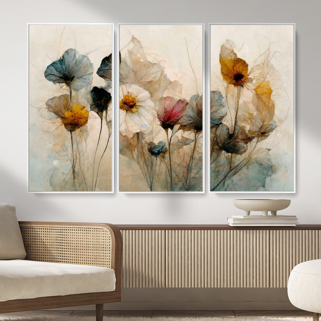 86802229-MGV-CV-36X24 - Vintage Dried Floral Meadow Wall Art Canvas Print, Translucent Watercolor Flowers Painting Print