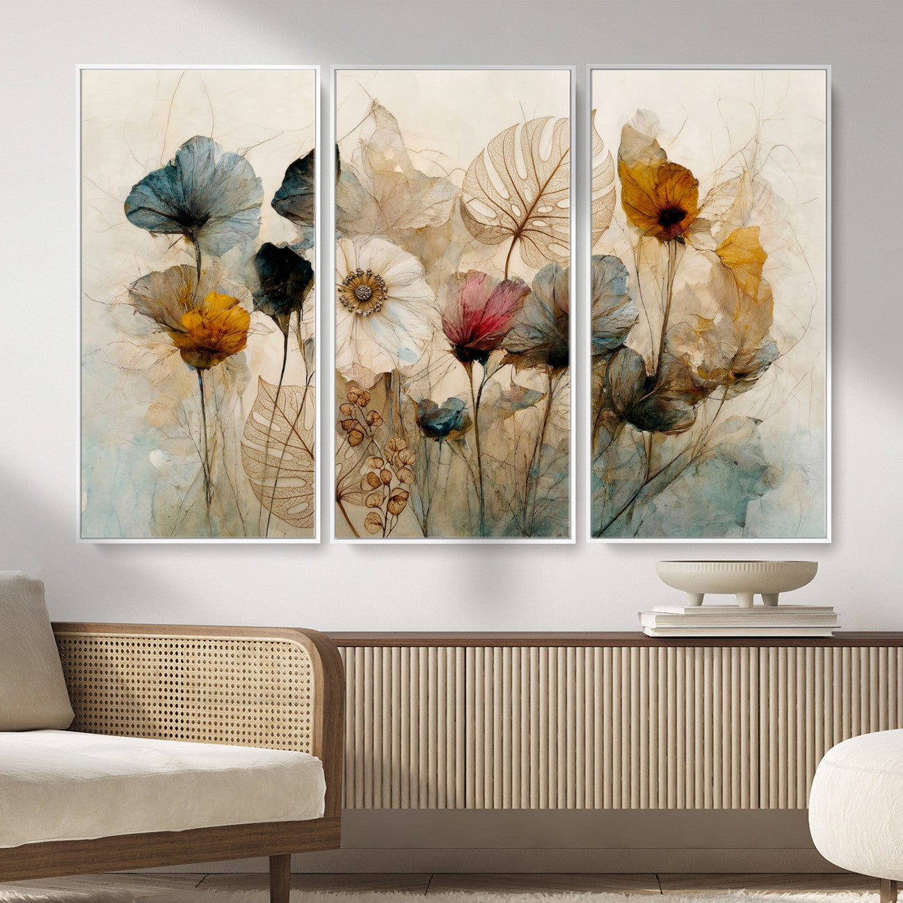93171612-MGV-CV-36X24 - Vintage Dried Floral Meadow Wall Art Canvas Print, Translucent Watercolor Flowers Painting Print