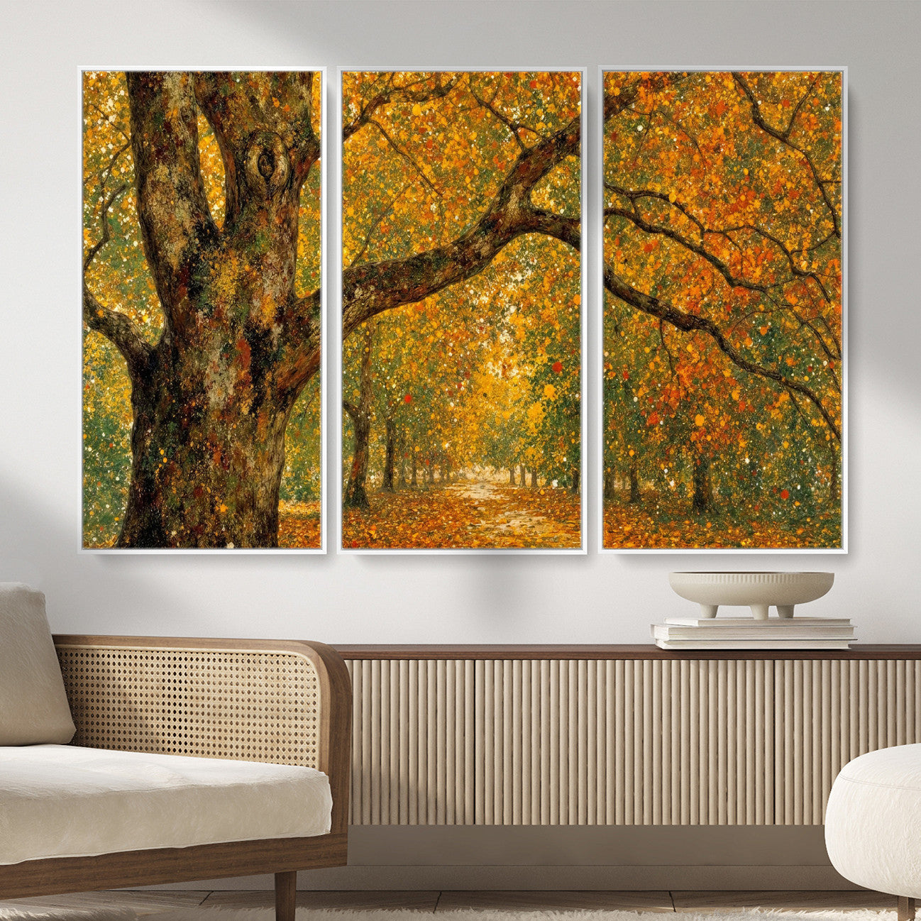 11536138-MGV-CV-36X24 - Vintage Autumn Forest Path Wall Art Canvas Print, Golden Leaves Impressionist Painting Print