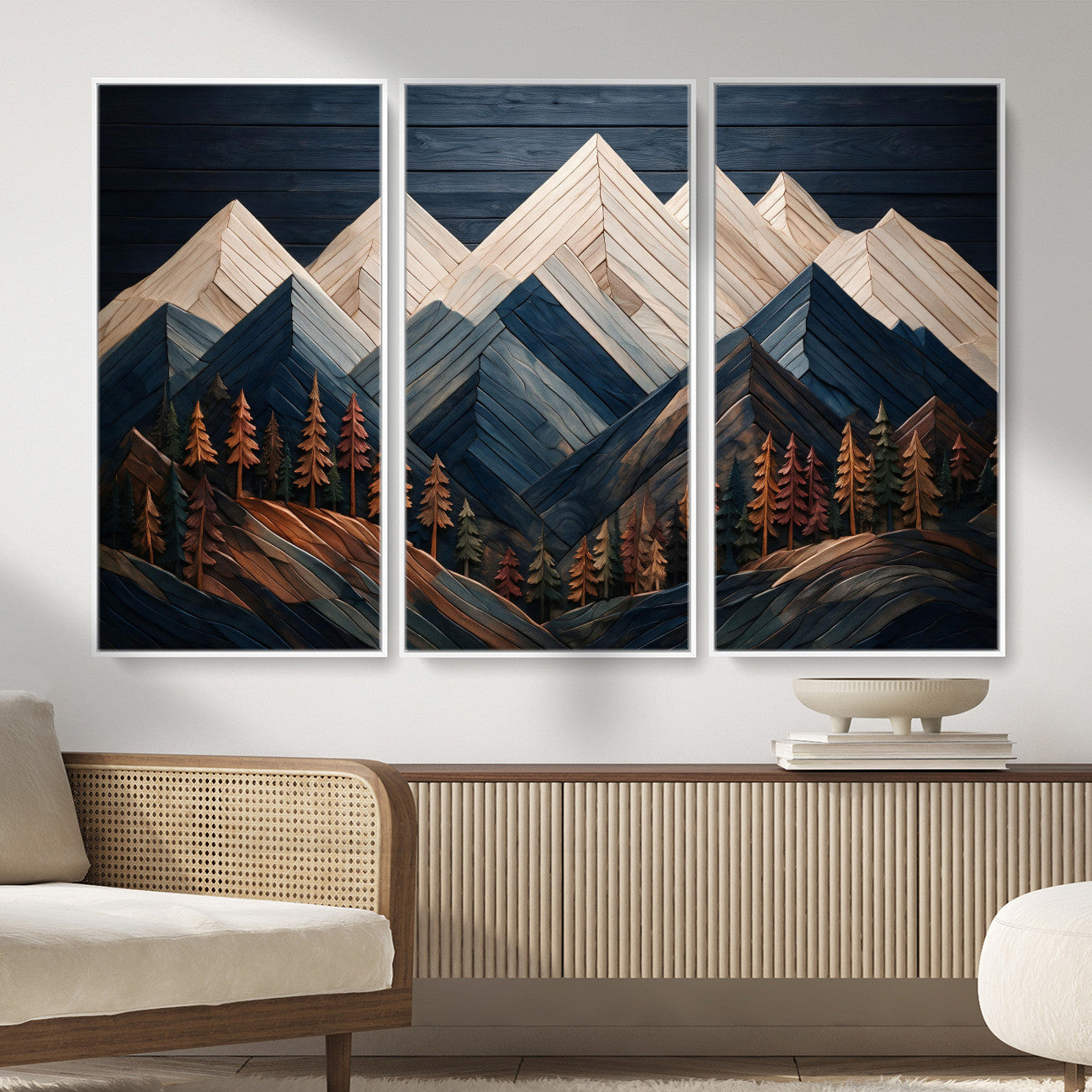 87765072-MGV-CV-36X24 - Geometric Wood Mountain Wall Art Canvas Print, 3D Look Rustic Mosaic Landscape Print