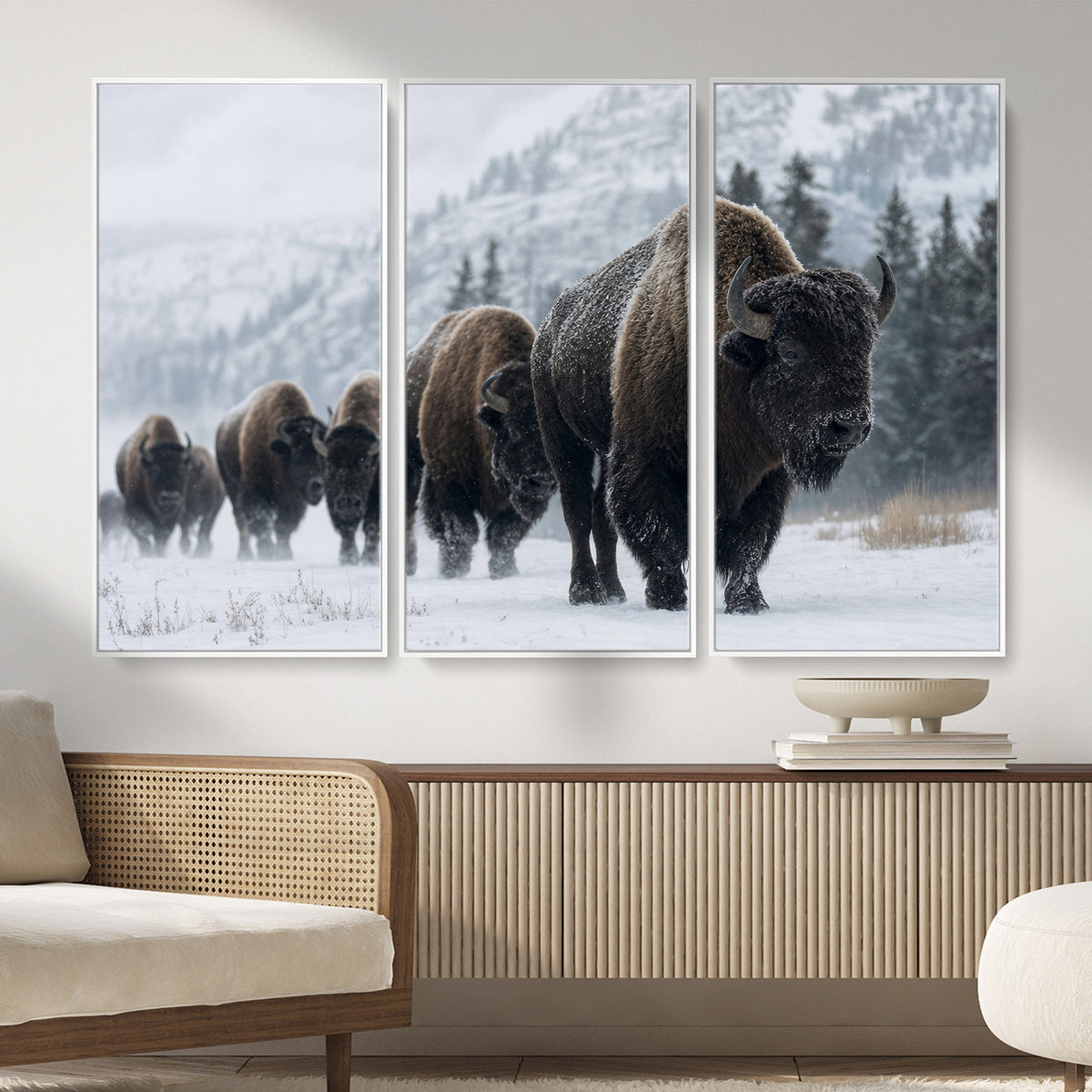 18343289-MGV-CV-36X24 - Rustic Bison Wall Art, American Buffalo Photo Print, Wildlife Canvas Artwork, Snowy Mountain Decor, Large Nature Poster, Cabin Gift Idea