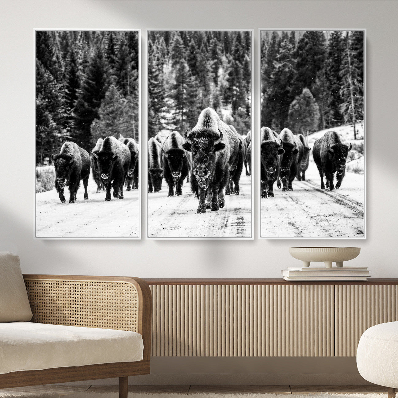 79337077-MGV-CV-36X24 - Black and White Bison Canvas Art, American Buffalo Print, Winter Wildlife Photography, Rustic Forest Wall Decor, Large Statement Nature Gift