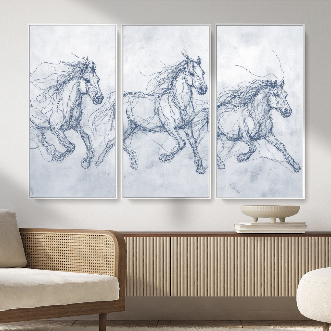 41163601-MGV-CV-36X24 - Indigo Blue Horse Line Art Canvas, Steel Grey Wild Horses Print, Abstract Navy Scribble Artwork, Modern Slate Equine Wall Decor, Coastal Ranch Gift