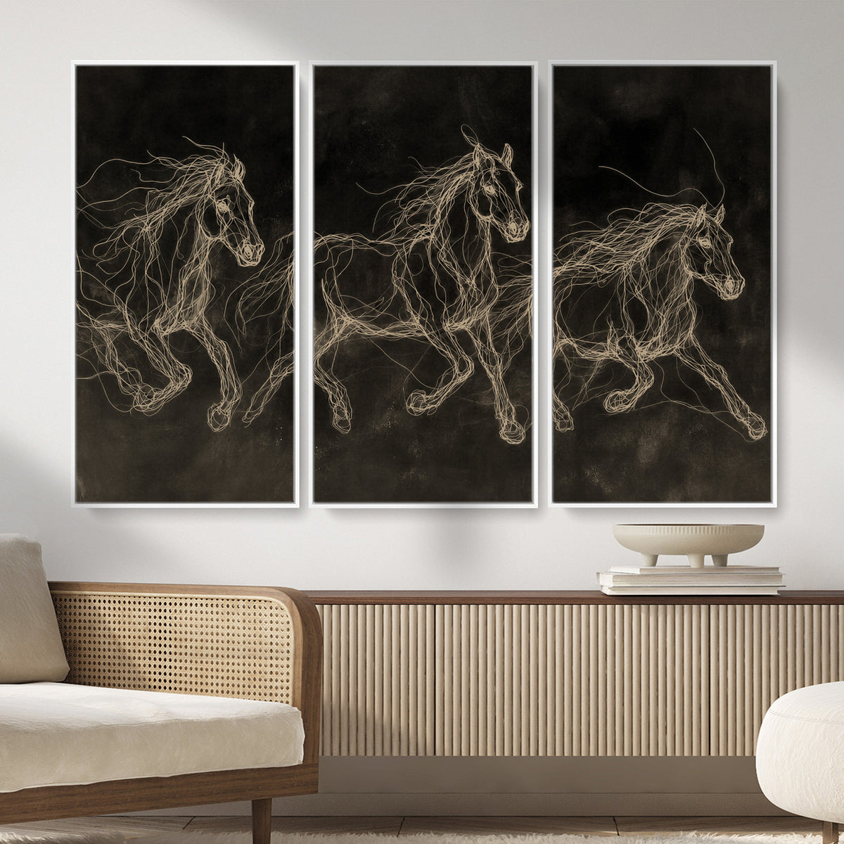 15344242-MGV-CV-36X24 - Dark Horse Line Art Canvas, Gold Scribble Wild Horses Print, Black Chalkboard Wall Art, Modern Luxury Equine Decor, Masculine Office Gift