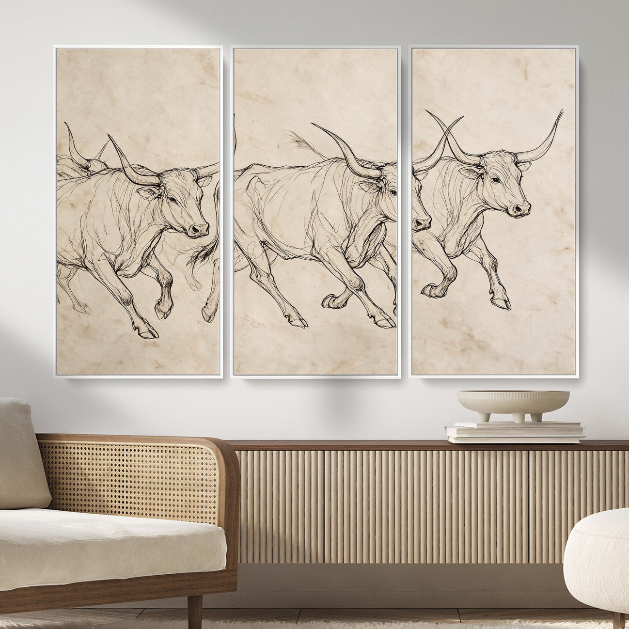 87177621-MGV-CV-36X24 - Minimalist Longhorn Line Art, Modern Texas Bull Canvas Print, Abstract Western Wall Decor, Continuous Line Artwork, Black White Ranch Gift