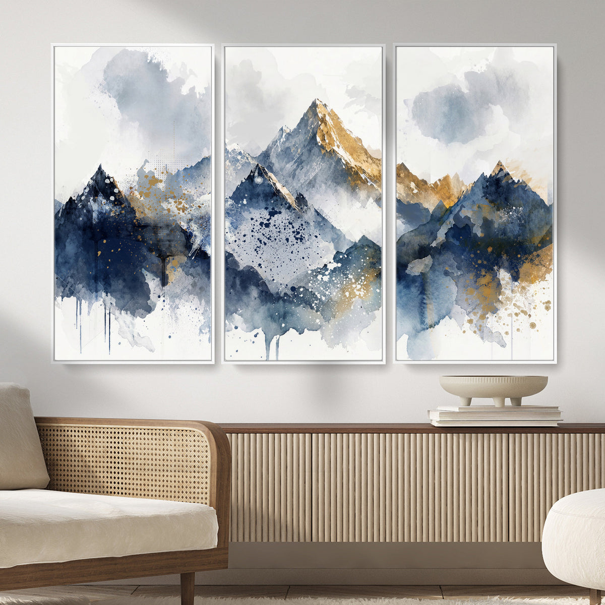 87460616-MGV-CV-36X24 - Abstract Mountain Canvas Wall Art, Blue Gold Foil Landscape Print, Modern Indigo Watercolor Poster, Large Abstract Nature, Luxury Office Gift