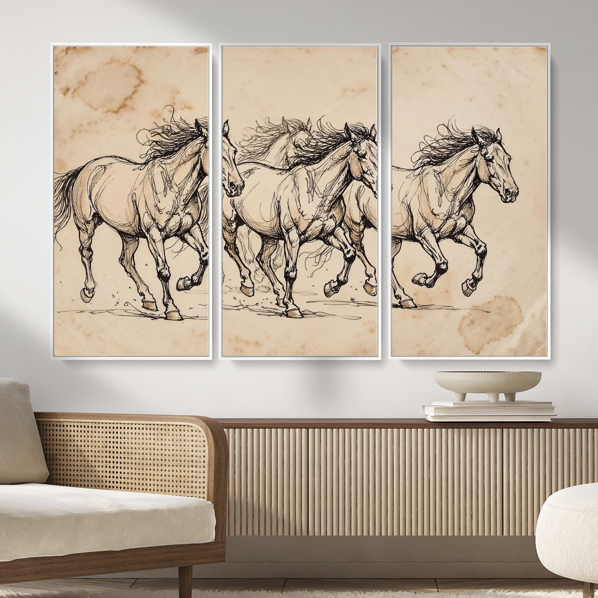 18242163-MGV-CV-36X24 - Vintage Horse Sketch Canvas Wall Art, Wild Horses Pencil Drawing Print, Antique Parchment Western Decor, Equine Sketching, Country Manor Gift