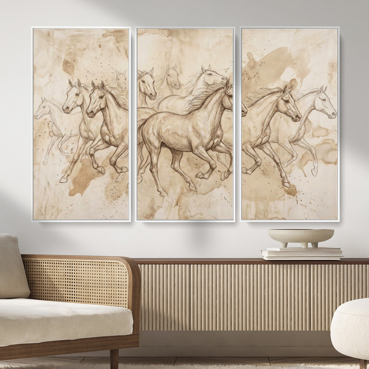 52233469-MGV-CV-36X24 - Vintage Horse Sketch Canvas Wall Art, Wild Horses Pencil Drawing Print, Antique Parchment Western Decor, Equine Sketching, Country Manor Gift