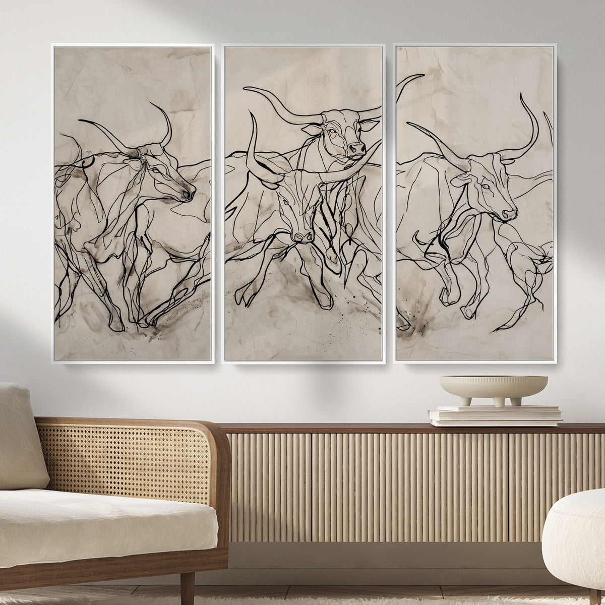 16671245-MGV-CV-36X24 - Minimalist Longhorn Line Art, Modern Texas Bull Canvas Print, Abstract Western Wall Decor, Continuous Line Artwork, Black White Ranch Gift