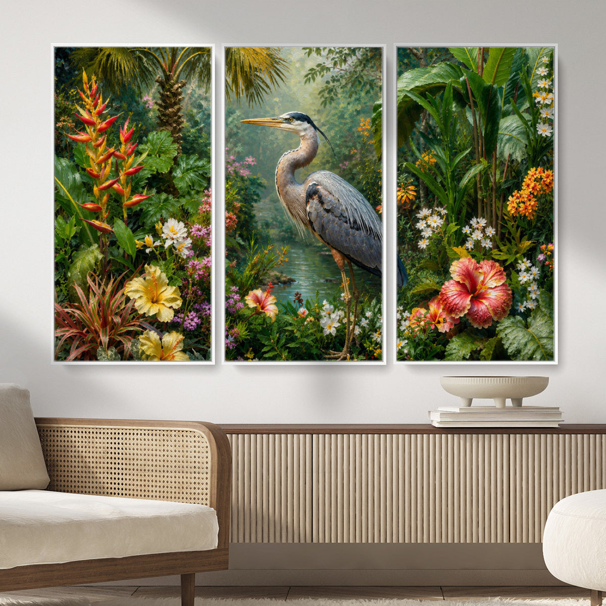 81059387-MGV-CV-36X24 - Great Blue Heron Tropical Jungle Wall Art Canvas Print, Exotic Botanical Garden Painting Print