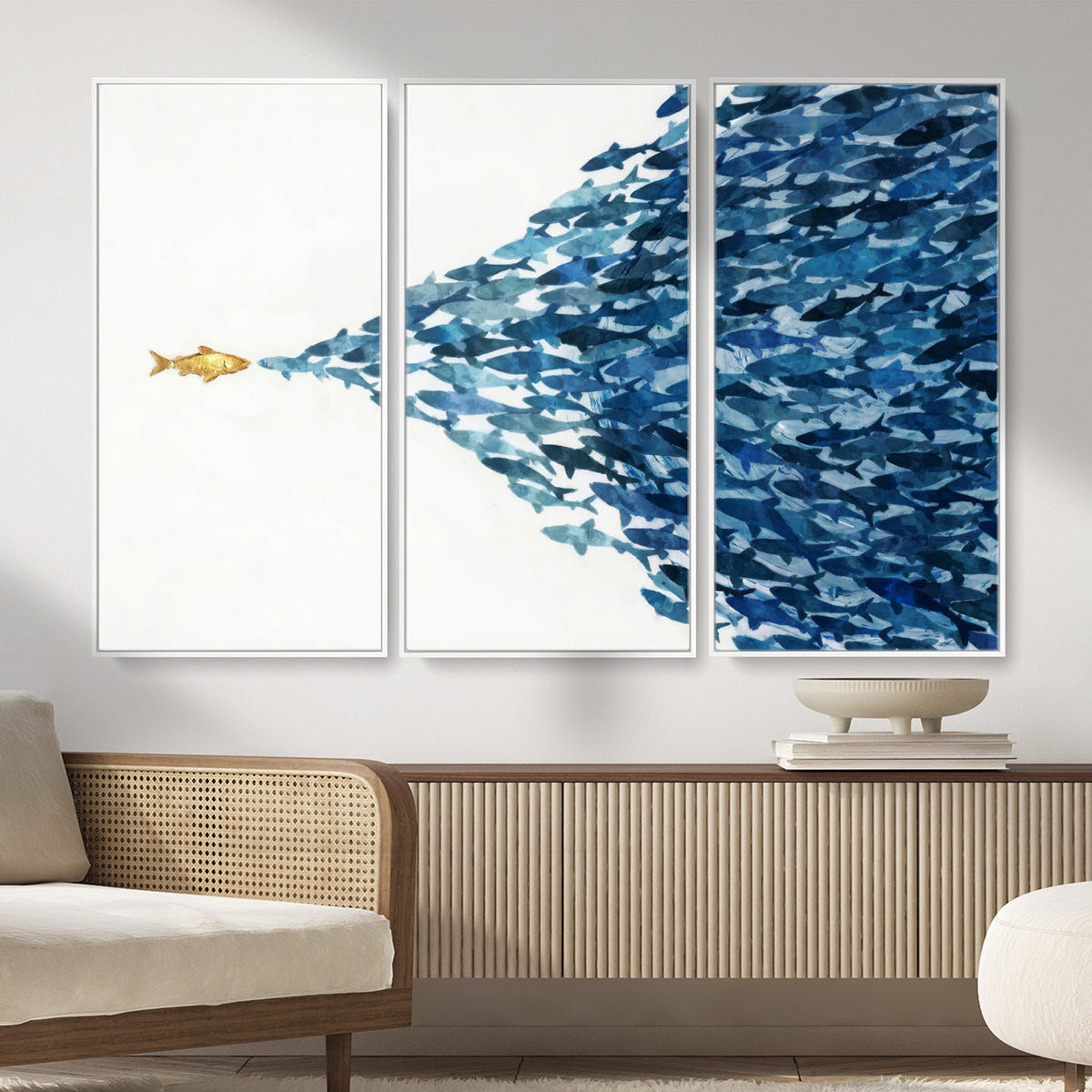 79089639-MGV-CV-36X24 - Abstract Blue Fish School Canvas Wall Art, Gold Foil Accent Marine Print