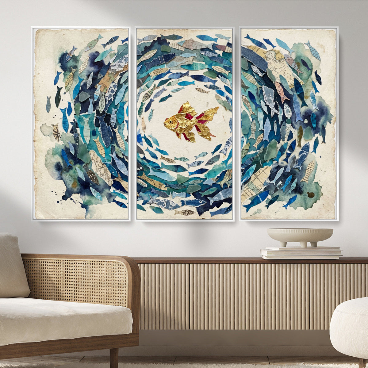73165663-MGV-CV-36X24 - Mixed Media Blue Fish Swirl Canvas Wall Art, Goldfish Collage Ocean Print