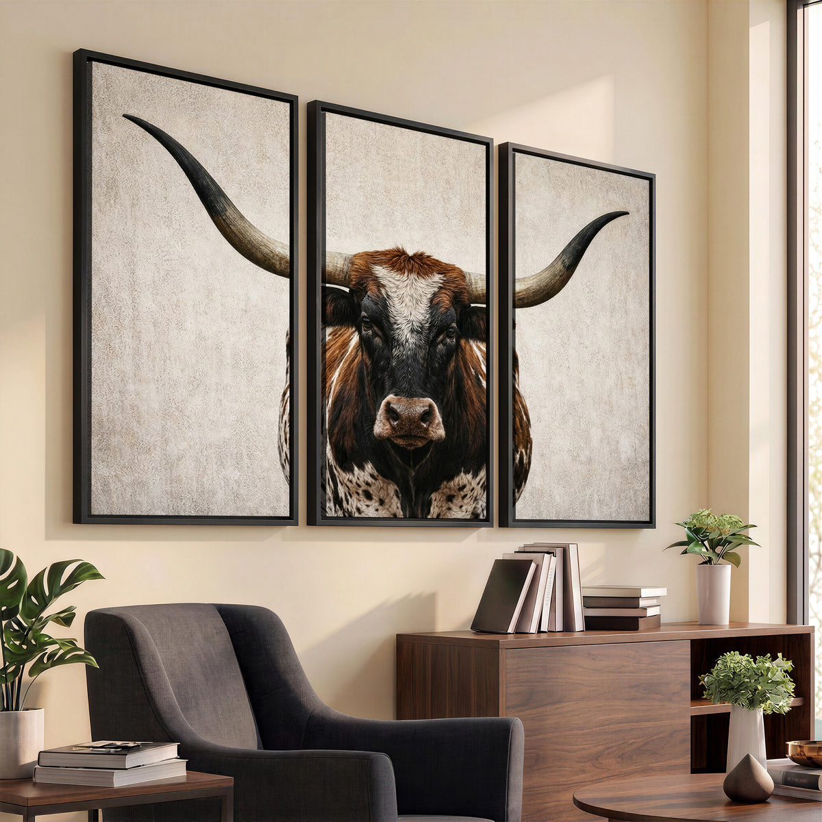 58622065-MGV-CV-36X24 - Texas Longhorn Canvas Wall Art Western Bull Desert Moody Grey Overcast Rustic Farmhouse Framed Large for Living Room Bedroom Office Decor