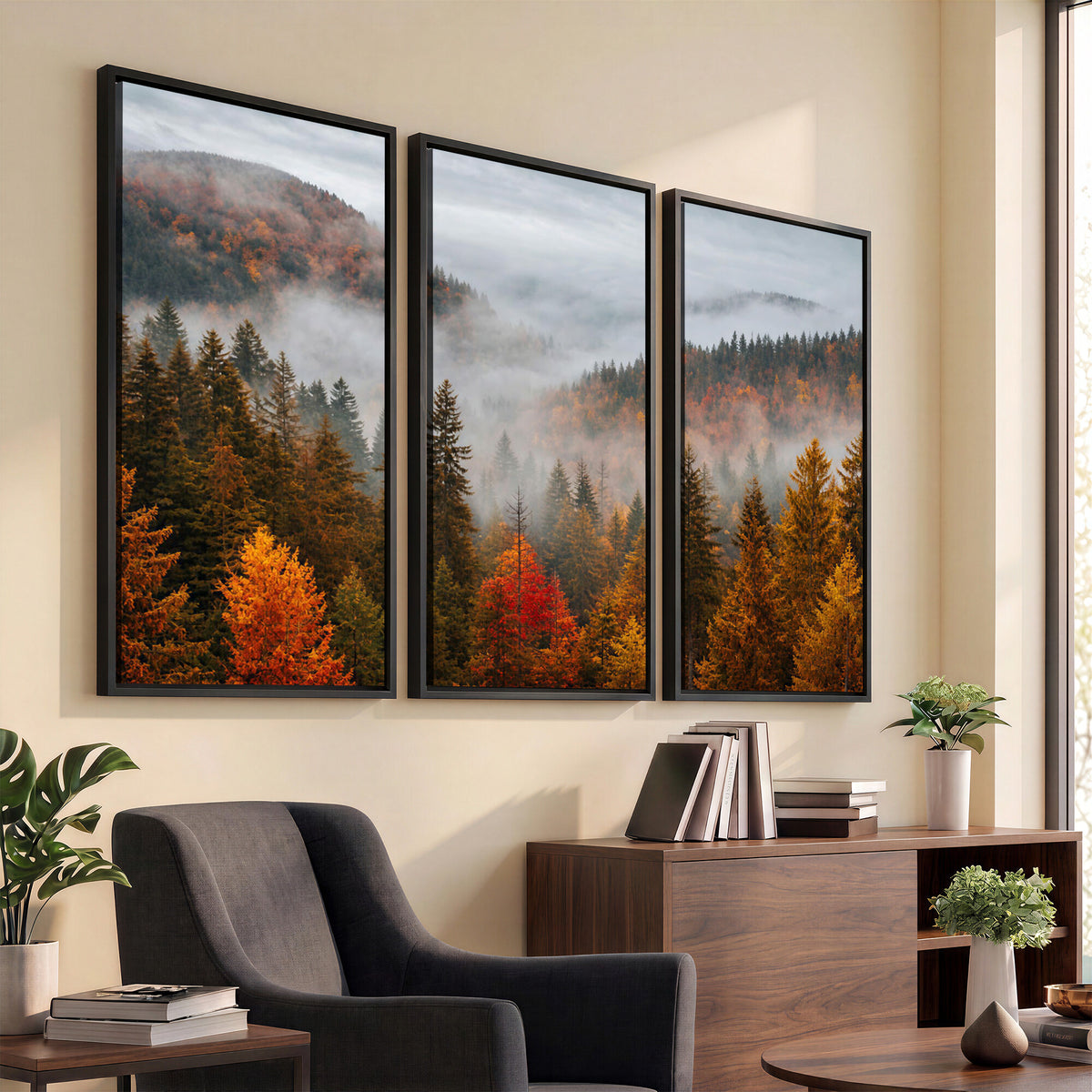 87481341-_Poster-30x20 - Foggy Autumn Mountain Canvas Print Smoky Pine Forest Wall Art Panoramic Nature Poster 3 Piece Made in USA