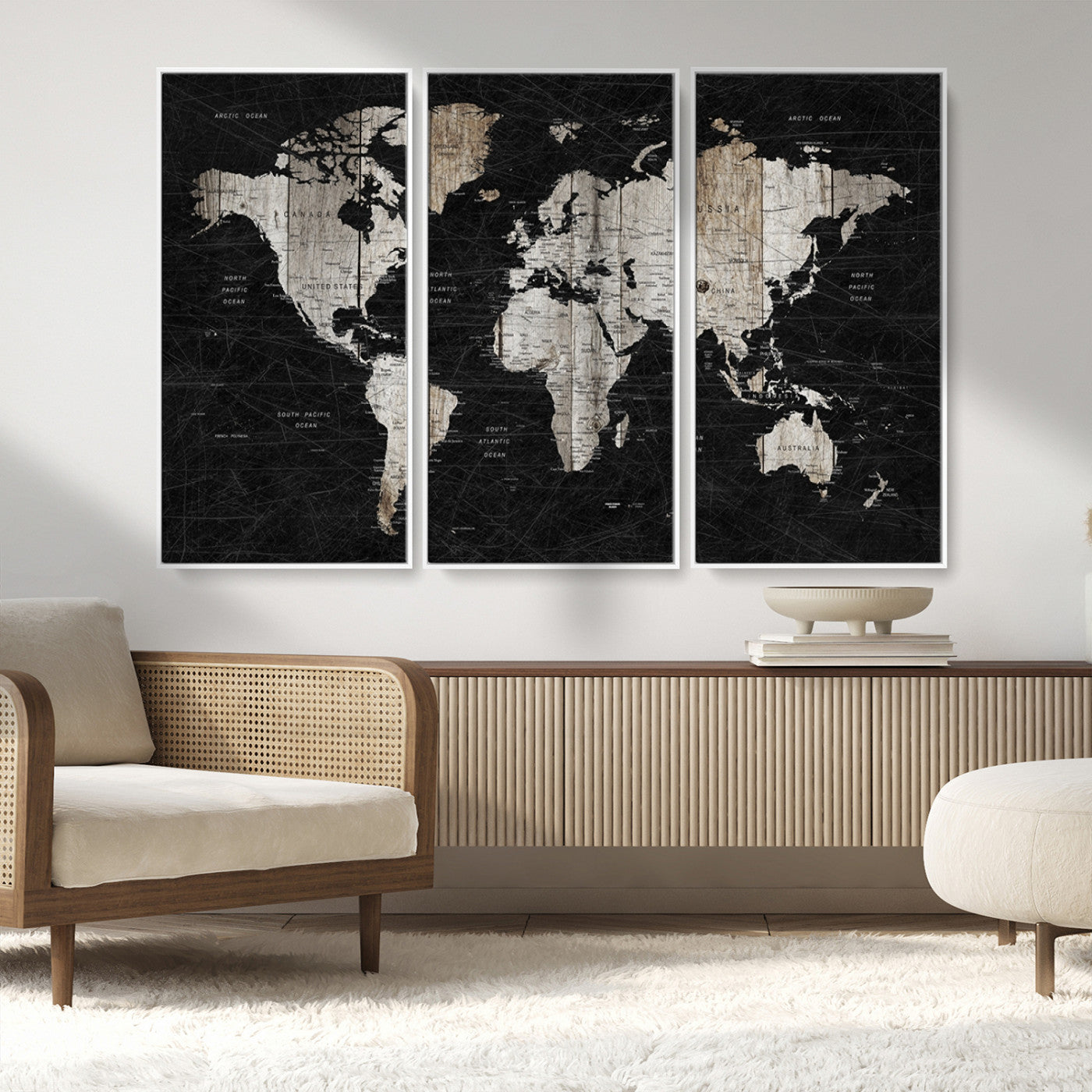 89998-MGV-CV-36X24-Rustic Black and Wood World Map Canvas Wall Art – Framed Push Pin Travel Map for Home and Office Decor, Modern Vintage Wall Artwork