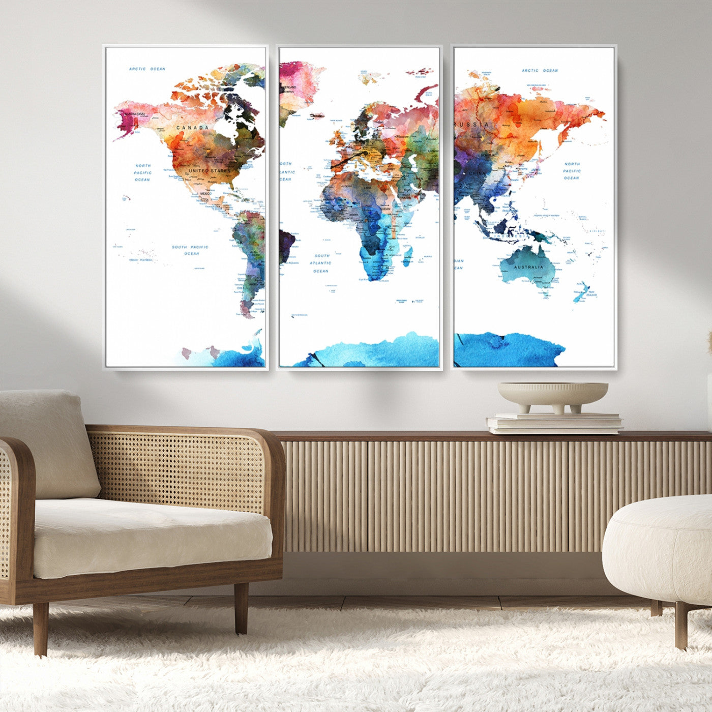 11576-MGV-CV-36X24-Vibrant Watercolor World Map Canvas Wall Art – Framed Push Pin Travel Map for Home and Office Decor, Modern Colorful Wall Artwork