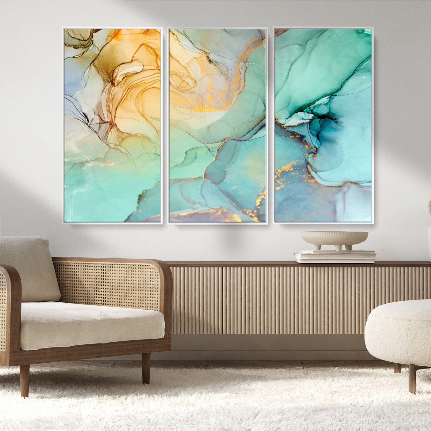 84233-MGV-FC-48X32-3P_White-Abstract Aqua and Gold Fluid Wall Art Canvas | 3 Panel Large Canvas Print for Living Room, Office,
